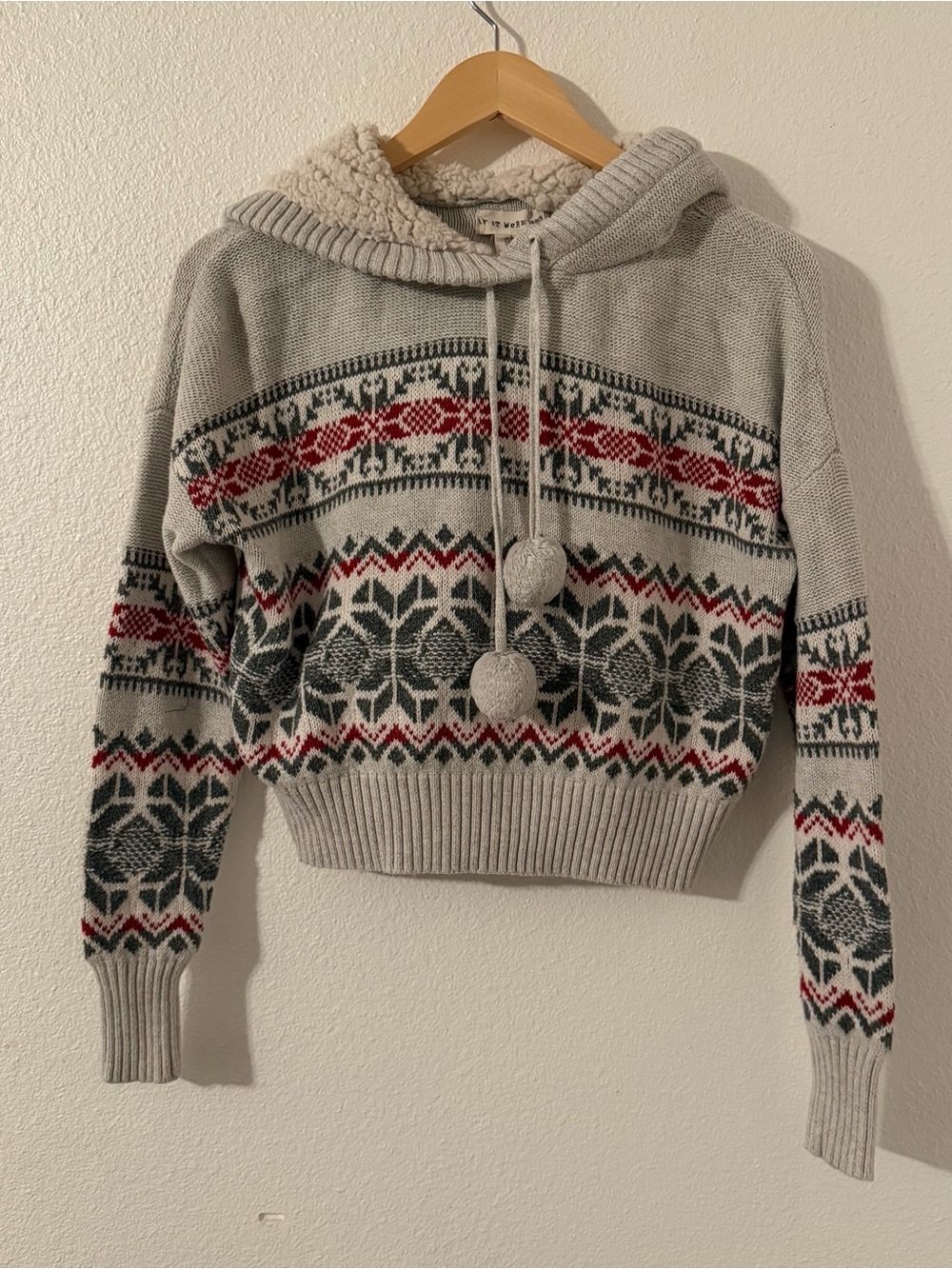 If It Were Me Crop Hoodie Sz Medium Fair Isle Gray Red Hoodie Sherpa Women’s